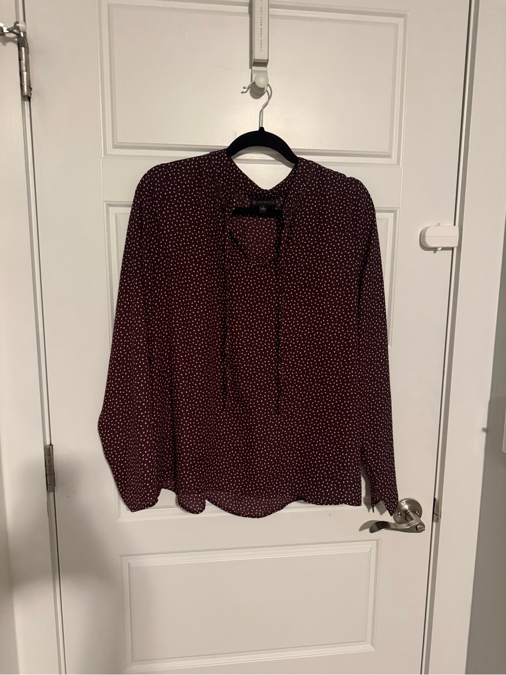 bobeau Burgundy Polka Dot Tie-Neck Blouse